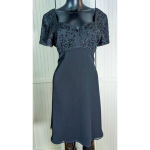 Vintage Black Beaded Sequin Empire Waist Dress Short Sleeve Midi Size 12